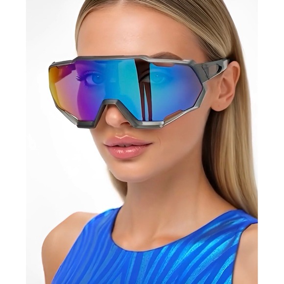 Accessories - Grey Shield Sunglasses Iridescent Mirror Lens Sport Geometric Cyberpunk Wrap
